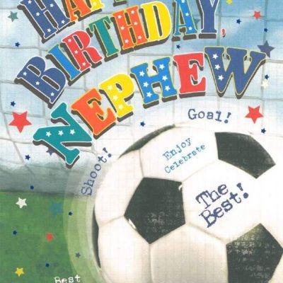 Nephew Birthday Card – Football In Net With Bright Coloured Stars 7.75″ x 5.25″