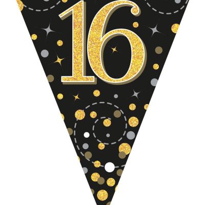 Party Bunting Sparkling Fizz 16 Black & Gold Holographic 11 flags 3.9m