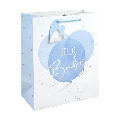Eurowrap Hello Baby Large Gift Bag – Blue Balloon Baby Boy Present Bag with Foil Finish, White Kraft Paper & Paper Woven Handles – New Baby Shower & Christening Gift Packaging