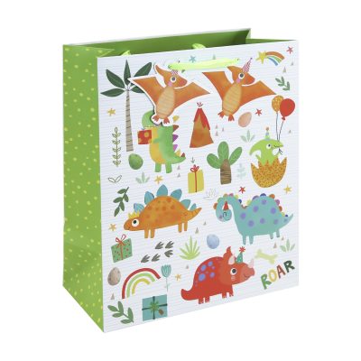 Eurowrap Dinosaur Large Gift Bag – Colourful Dino Present Bag with Party Illustrations, Yellow Inside Print with Stars, Ribbon Handles & Tag – Birthday & Celebration Gift Packaging