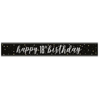Unique 82260 – Foil Happy 18th Birthday Banner – 2.74 m – Glitz Black Birthday Party – 1 Count (Pack of 1)