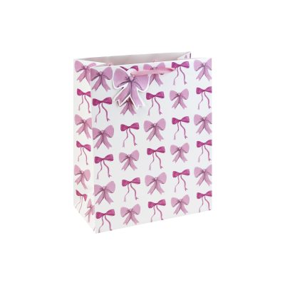 Eurowrap Present Bow Medium Gift Bag with Ribbon Handles, Pink Bow Pattern Design, Matching Bow Gift Tag, Stylish Gift Bag for Mother’s Day and Birthday