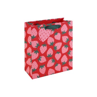 Eurowrap Strawberry Print Medium Gift Bag – Red Present Bag with Pink Strawberry Pattern, Pink & White Striped Inside Print & Grosgrain Ribbon Handles – Gift Packaging for Birthdays & Celebrations