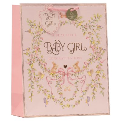 Design By Violet Baby Girl Large Gift Bag – Decorative Paper Gift Bag with Ribbon Handles for Baby Shower, New Baby and Christening Gifts, Eco Friendly and 100% Recyclable