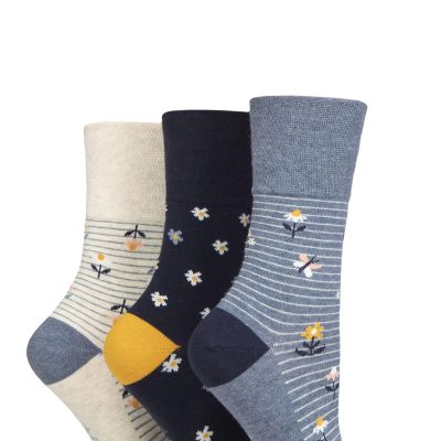 SockShop Gentle Grip Ladies Floral Spotted Patterned and Striped Honeycomb Top Cotton Socks in a Multipack of 3 Assorted Colours Size 4-8 Daisies/Butterflies
