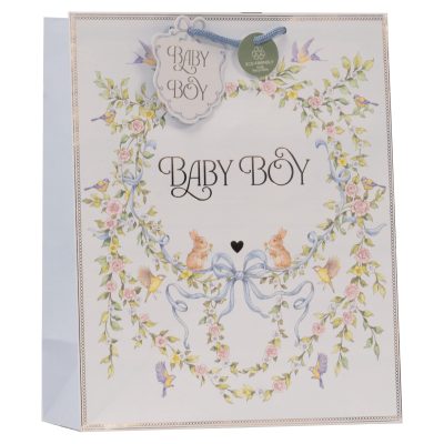 Design By Violet Baby Boy Large Gift Bag – Decorative Paper Gift Bag with Ribbon Handles for Baby Shower, New Baby and Christening Gifts, Eco Friendly and 100% Recyclable