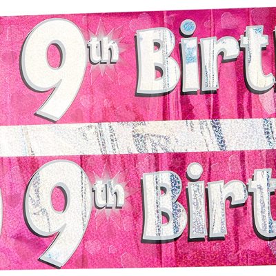 9ft Banner Happy 9th Birthday Pink holographic