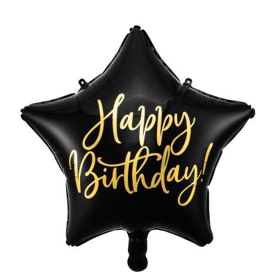 Foil Balloon Happy Birthday 40cm Black Star FB93-010 with Golden Lettering for Classy Parties, Original and Safe Visual Inflatable Air Helium